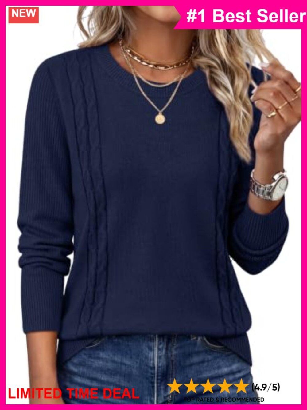 Womens Cable Knit Sweater Crew Neck Ribbed Long Sleeve Pullover